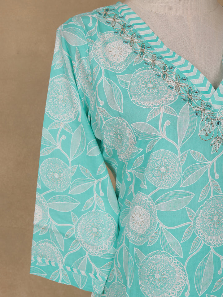 Aqua Green Floral Design Printed Cotton Salwar Suit - Diadem