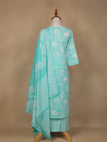 Aqua Green Floral Design Printed Cotton Salwar Suit - Diadem
