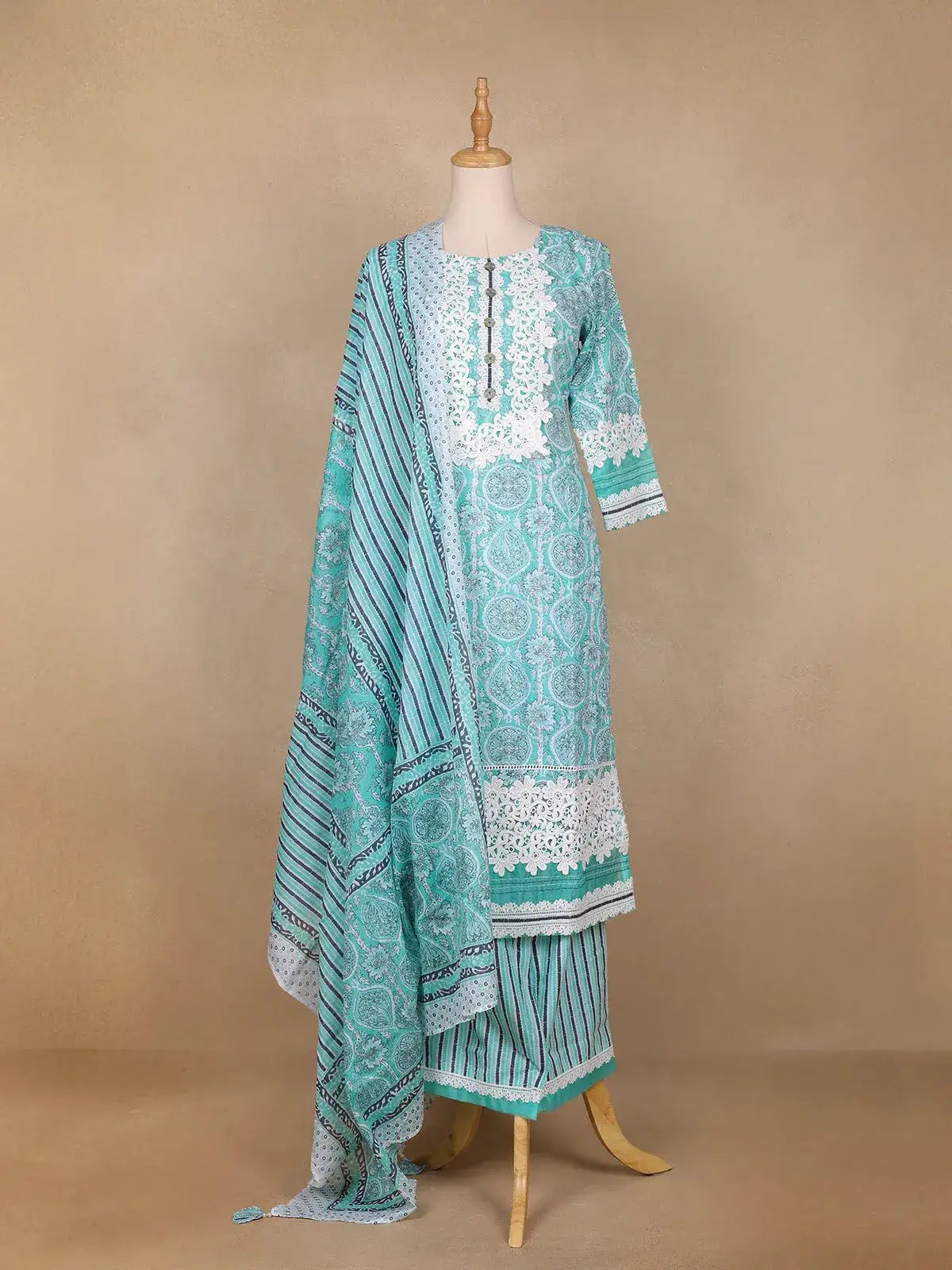 Aqua Green Floral Designed Cotton Palazzo Salwar Suit - Diadem
