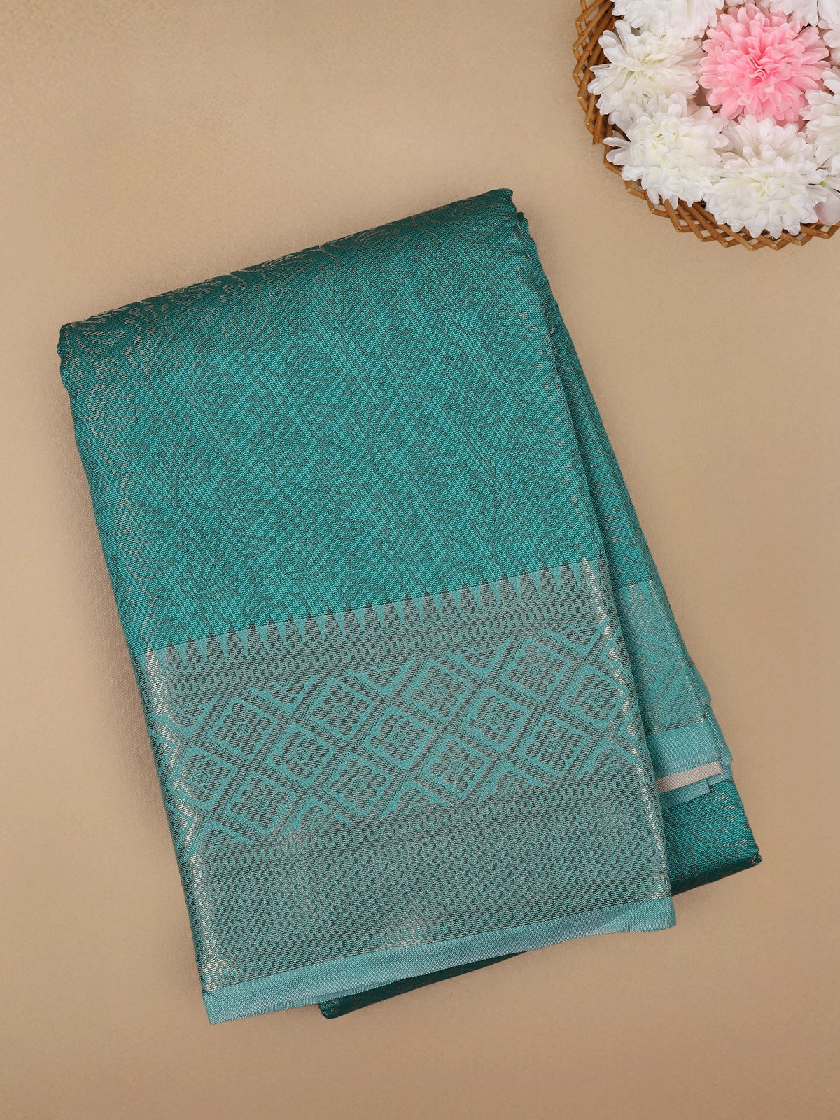 Aqua Green Floral Designed Fancy Art Silk Saree - Diadem