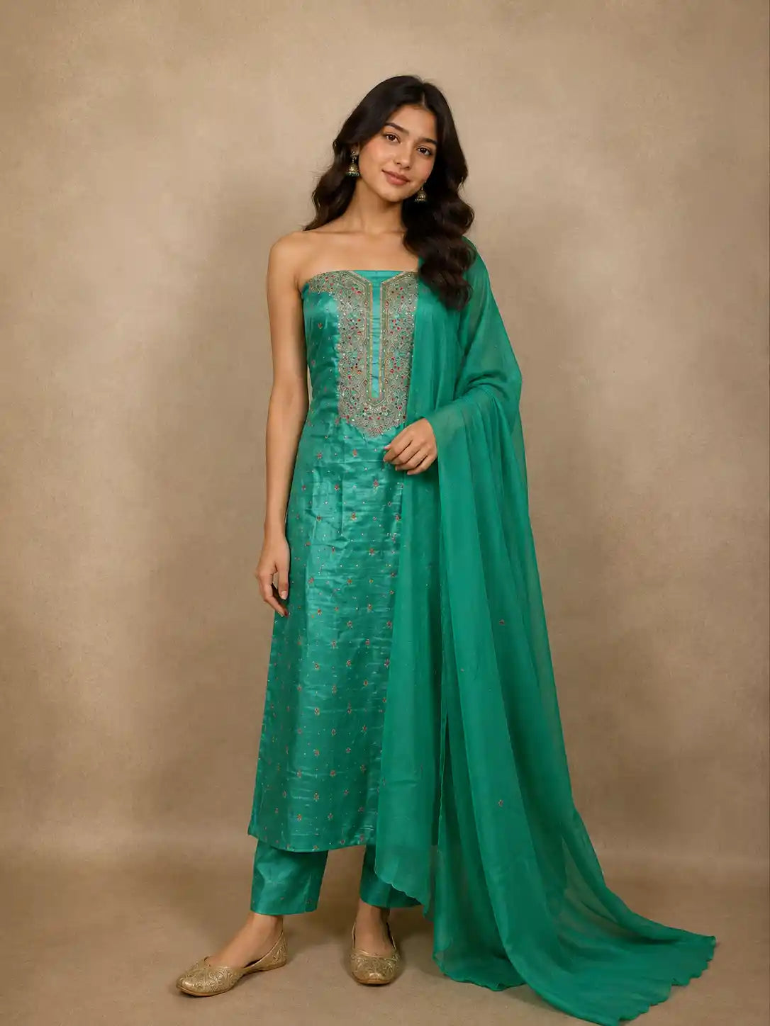 Aqua Green Floral Sequins and Thread Embroidered Design Tussar Silk Unstitched Salwar Material with Dupatta