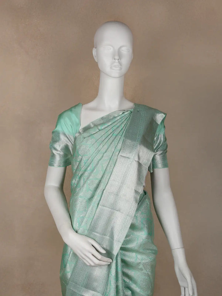 Aqua Green Floral Woven Pure Kanchipuram Silk Saree - Diadem
