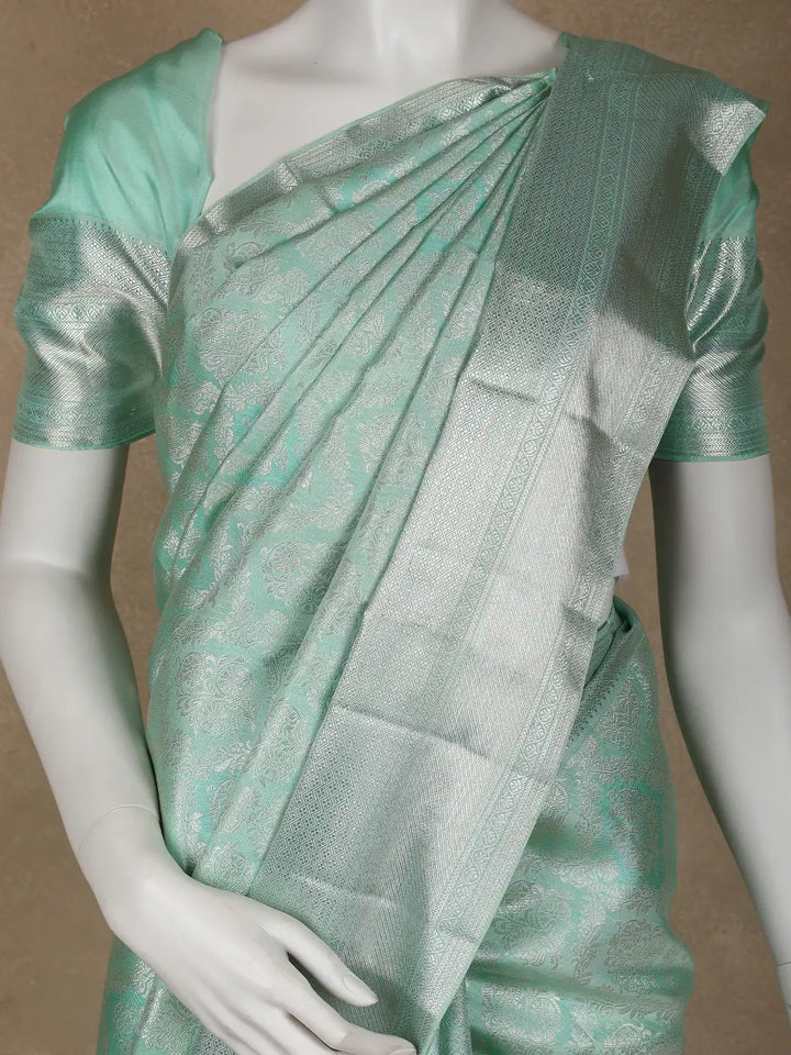 Aqua Green Floral Woven Pure Kanchipuram Silk Saree - Diadem