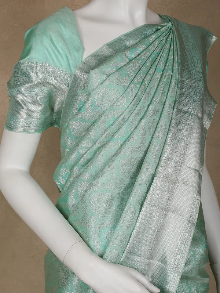 Aqua Green Floral Woven Pure Kanchipuram Silk Saree - Diadem
