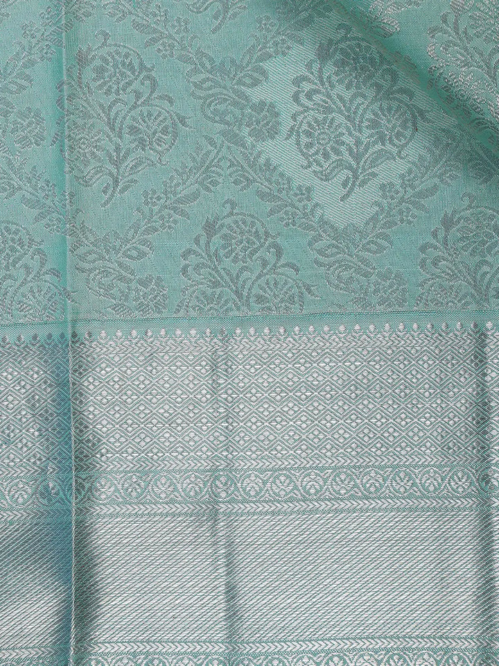 Aqua Green Floral Woven Pure Kanchipuram Silk Saree - Diadem