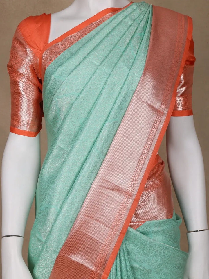 Aqua Green Floral Woven Pure Kanchipuram Silk Saree - Diadem