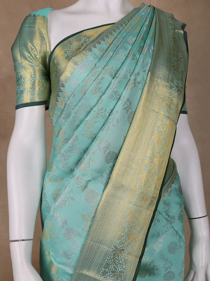 Aqua Green Floral Woven Pure Kanchipuram Silk Saree - Diadem