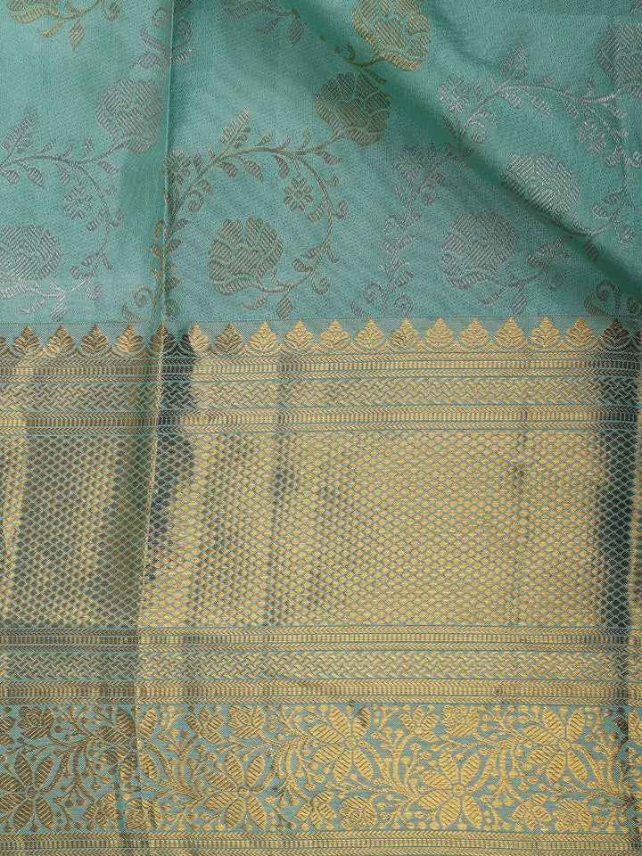 Aqua Green Floral Woven Pure Kanchipuram Silk Saree - Diadem