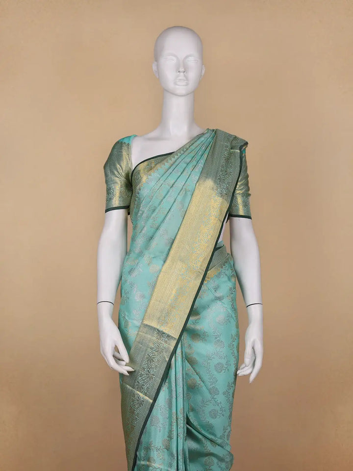 Aqua Green Floral Woven Pure Kanchipuram Silk Saree - Diadem