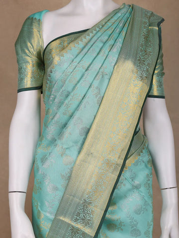 Aqua Green Floral Woven Pure Kanchipuram Silk Saree - Diadem