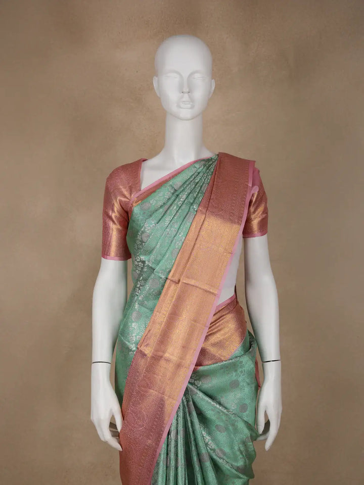 Aqua Green Floral Woven Pure Kanchipuram Silk Saree - Diadem