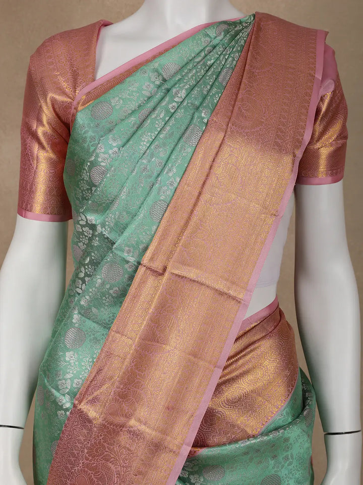 Aqua Green Floral Woven Pure Kanchipuram Silk Saree - Diadem