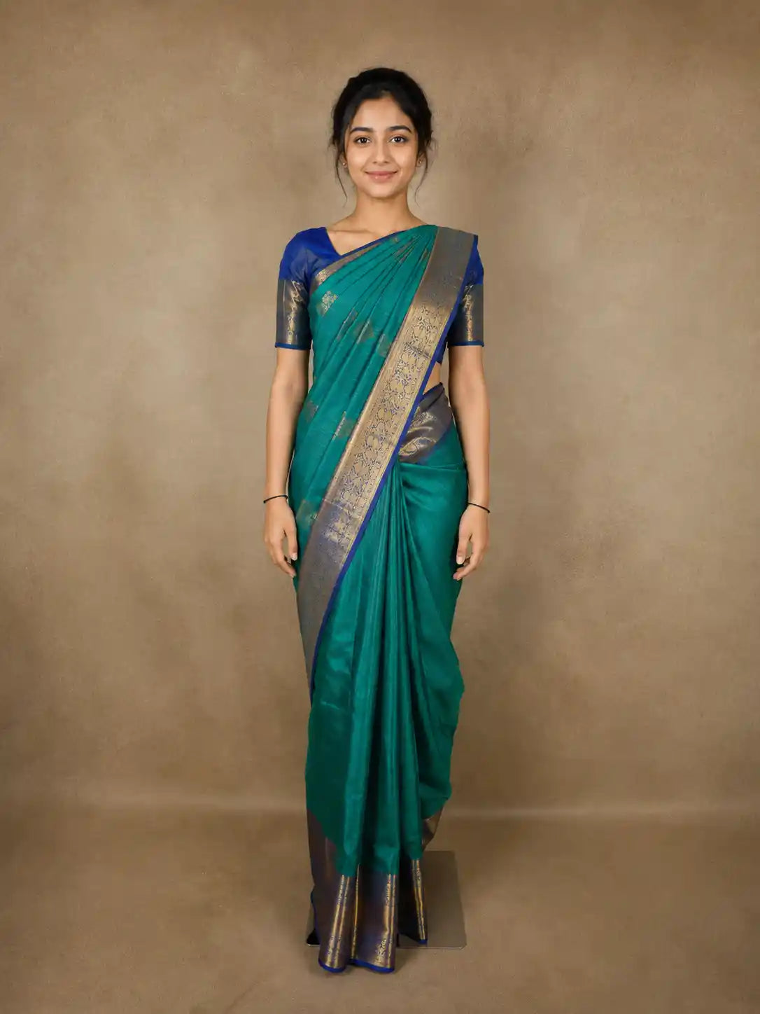 Aqua Green Striped Zari Woven Design Pure Kanchipuram Silk Saree with Contrast Zari Border