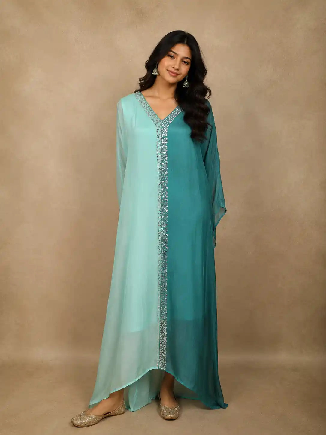 Aqua Ombre Sequins Embellished Design Georgette Kaftan Palazzo Suit