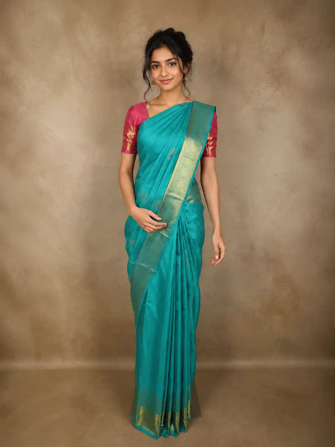 Aqua Teal Blue Paisley Butta Zari Woven Design Pure Kanchipuram Silk Saree with Floral Zari Border