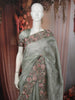 Ash Grey Floral Vine Thread Embroidered Design Pure Tussar Party Wear Saree with Floral Border