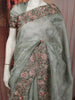 Ash Grey Floral Vine Thread Embroidered Design Pure Tussar Party Wear Saree with Floral Border