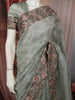 Ash Grey Floral Vine Thread Embroidered Design Pure Tussar Party Wear Saree with Floral Border
