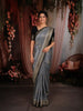 Ash Grey Floral Zari Woven Design Semi Banarasi Silk Saree with Contrast Zari Border
