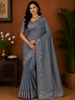 Ash Grey Mini Checked Zari Woven Design Semi Tussar Saree with Motif Border
