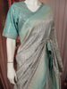 Ash Grey Striped Zari Woven Design Pure Organza Party Wear Saree with Contrast Designer Blouse