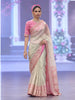 Ash Grey Striped Zari Woven Design Pure Tissue Silk Designer Saree with Contrast Pink Floral Sequins Border