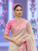 Ash Grey Striped Zari Woven Design Pure Tissue Silk Designer Saree with Contrast Pink Floral Sequins Border
