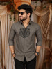 Ash Grey Tiger Face Motif Stone Embellished Design Cotton Party Wear Full Sleeve Men Shirt