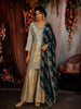 Ash Grey and Champagne Gold Sequins and Beads Embroidered Design Tissue Silk Palazzo Suit with Contrast Stripes Dupatta