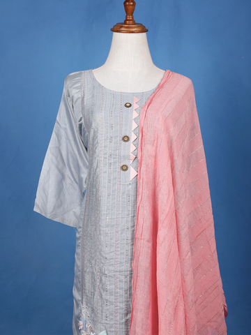 Ash Floral Embroidered Cotton Salwar Suit - Diadem