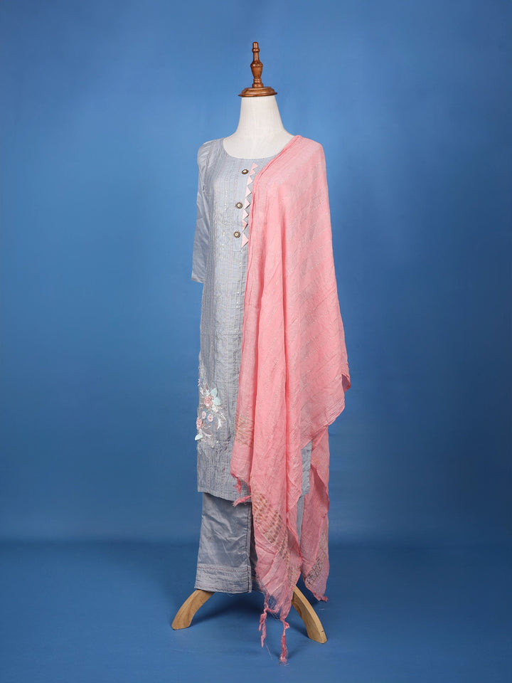 Ash Floral Embroidered Cotton Salwar Suit - Diadem