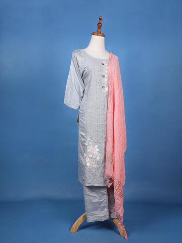 Ash Floral Embroidered Cotton Salwar Suit - Diadem
