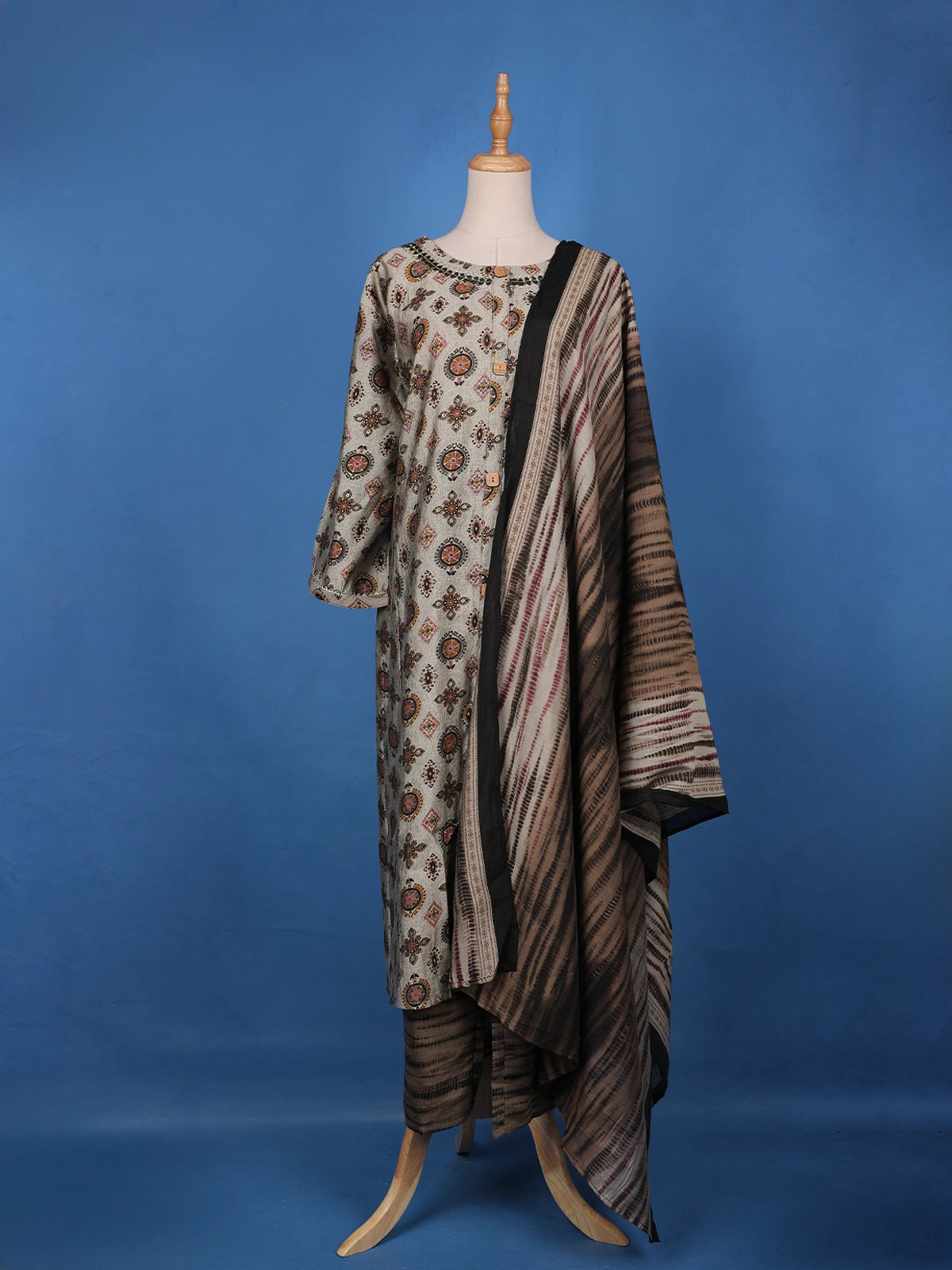 Ash Grey Floral Designed Semi Silk Salwar Suit - Diadem