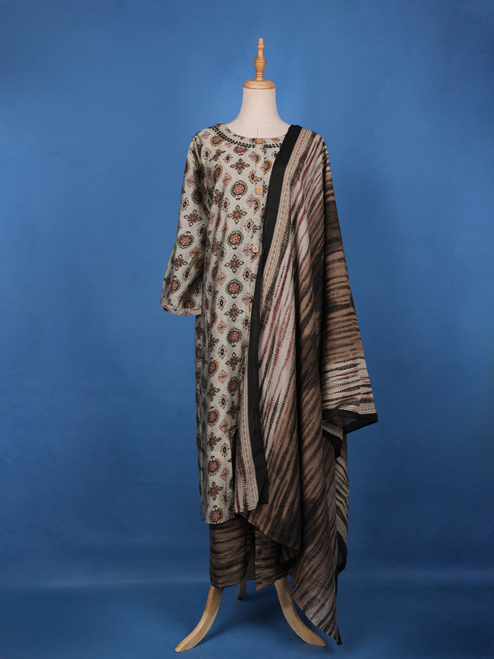 Ash Grey Floral Designed Semi Silk Salwar Suit - Diadem