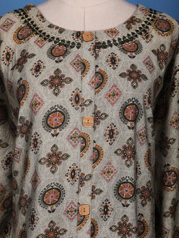 Ash Grey Floral Designed Semi Silk Salwar Suit - Diadem
