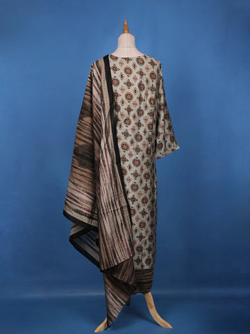 Ash Grey Floral Designed Semi Silk Salwar Suit - Diadem