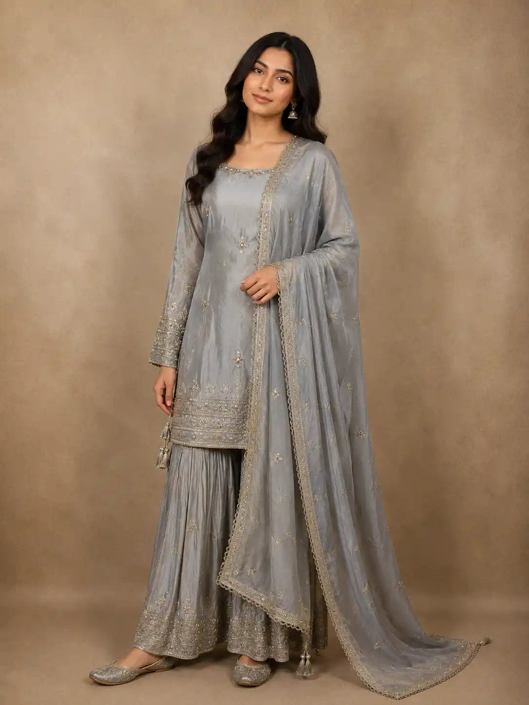 Ash Grey Sequins and Beads Embroidered Design Tissue Silk Sharara Suit with Dupatta