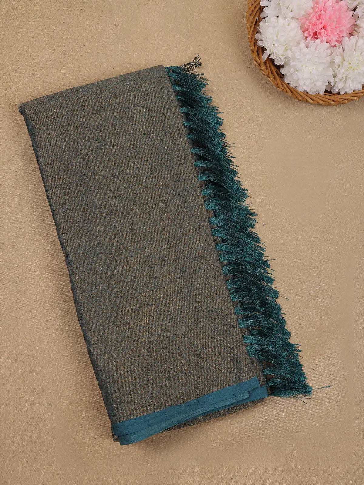 Ash Solid Silk Fancy Saree with Beaded Work Blouse - Diadem