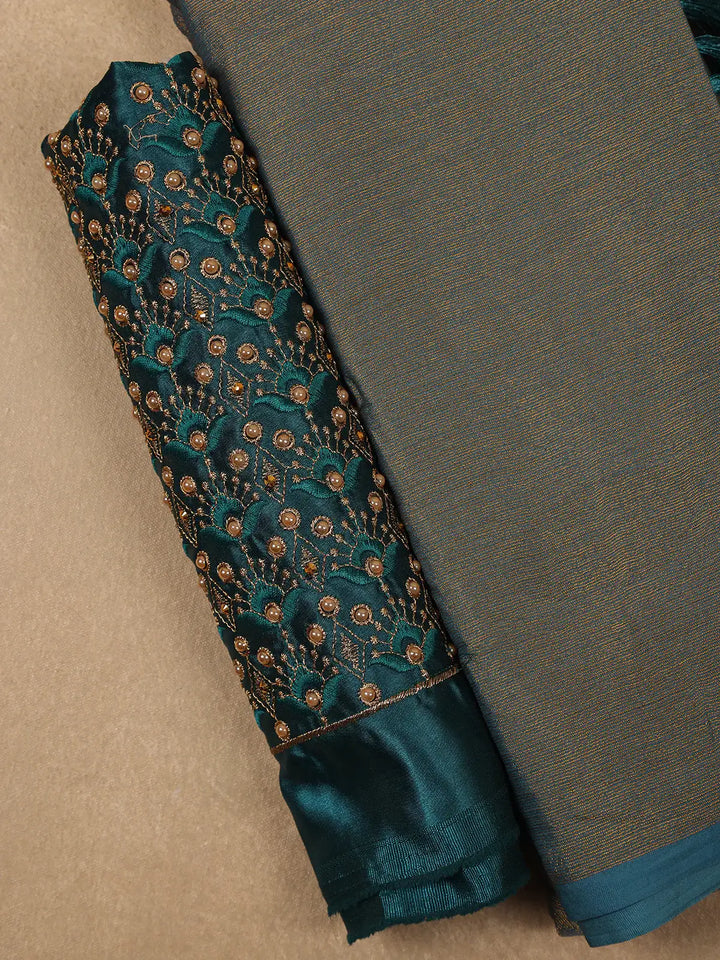 Ash Solid Silk Fancy Saree with Beaded Work Blouse - Diadem