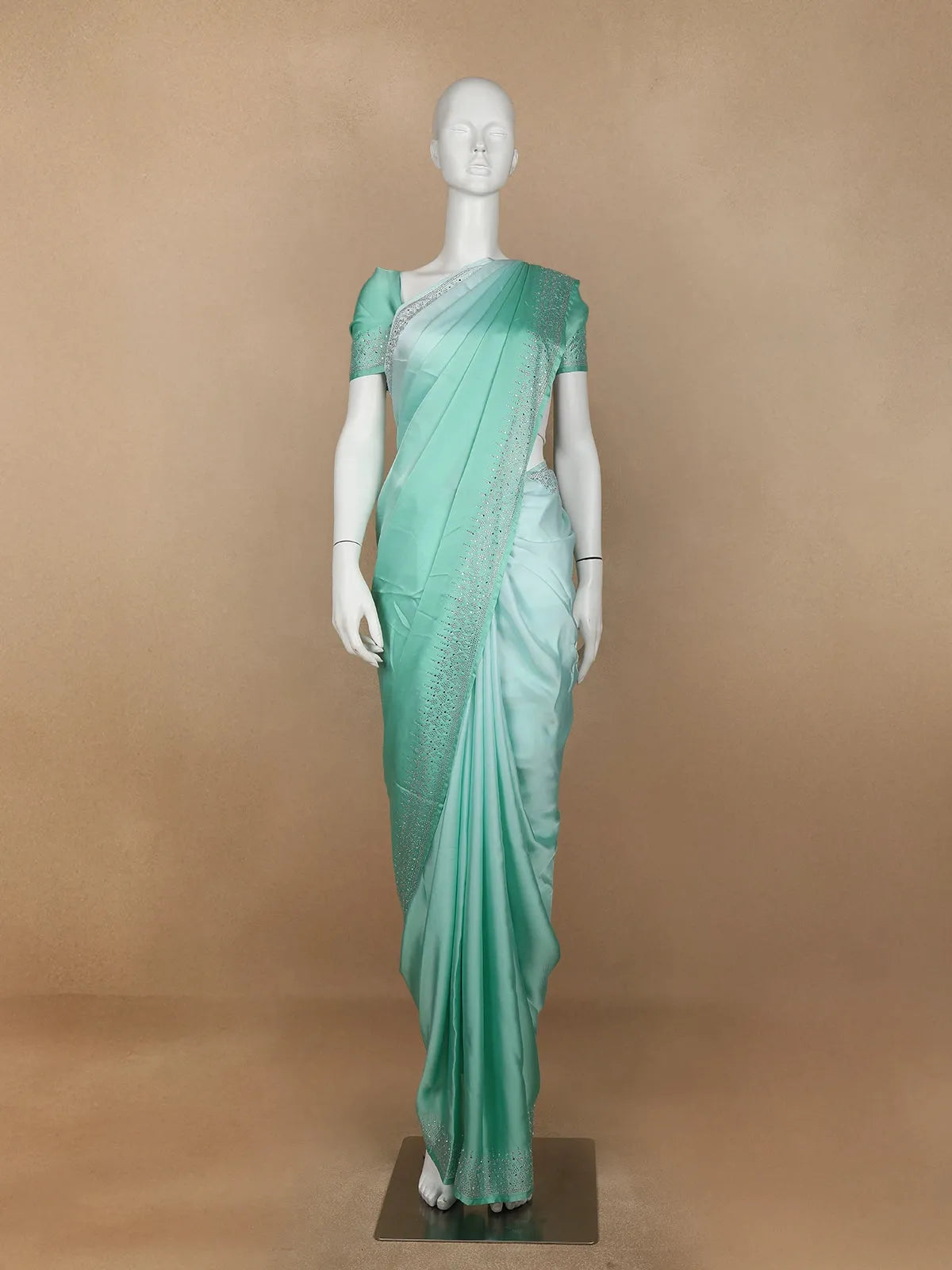 Auqa Green Solid Satin Fancy Saree with Designed Border