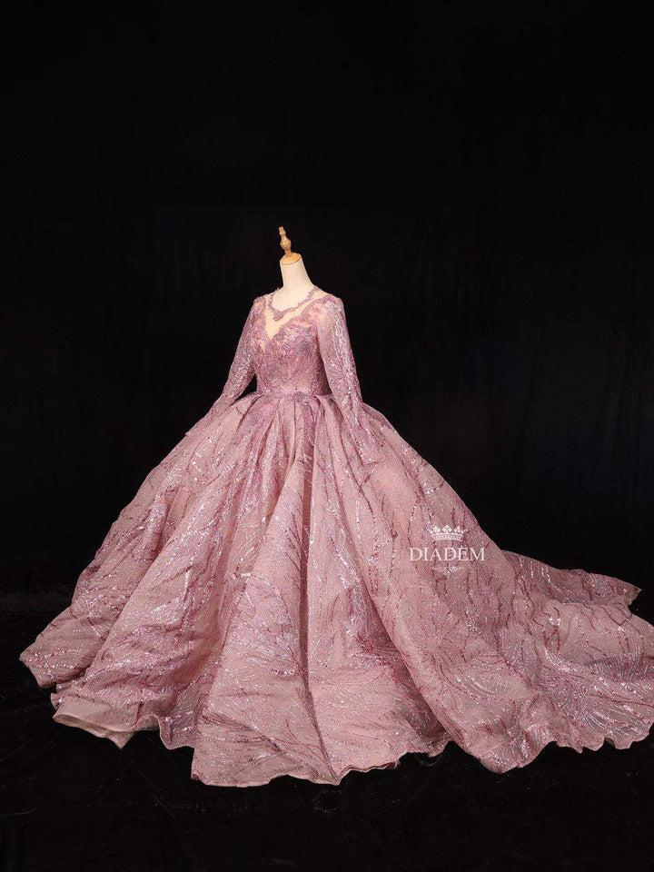 Peach Pink Net Ball Gown Embellished with Glitterwork - Diadem