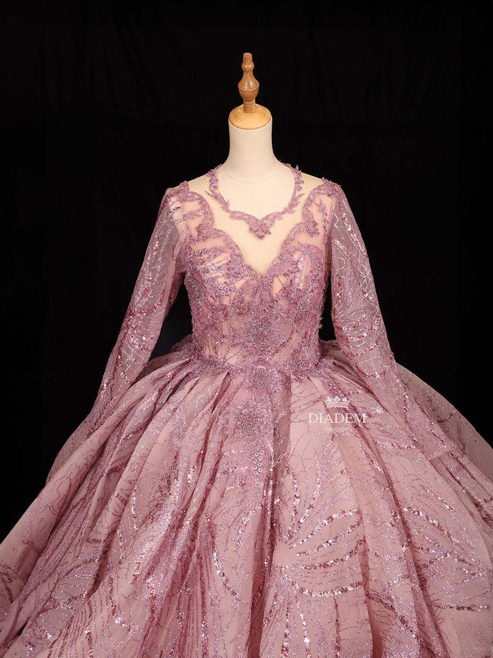 Peach Pink Net Ball Gown Embellished with Glitterwork - Diadem