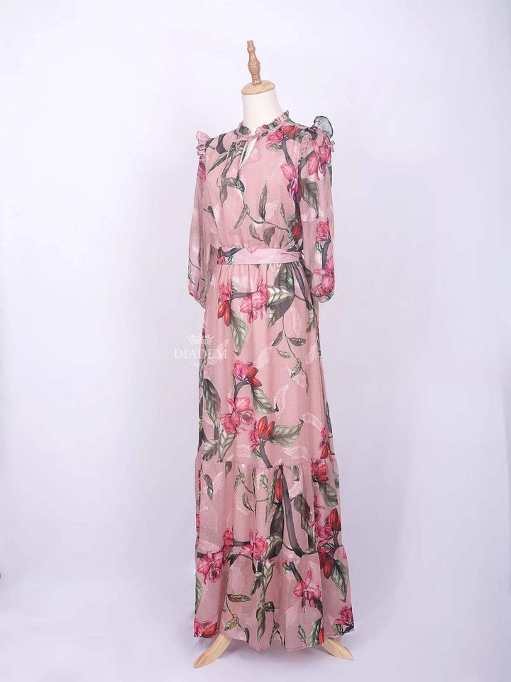 Light Peach Cotton Kurti Top Set Adorned with Flower Prints Without Dupatta - Diadem