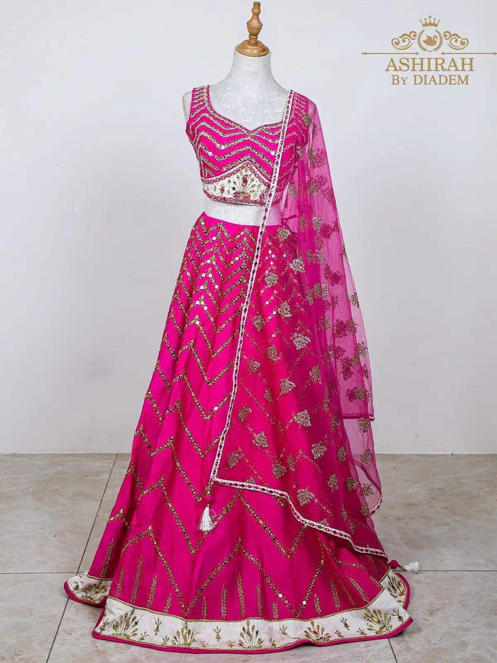 Dark Pink Raw Silk Lehenga Embroidered with Threads and Mirror work with Dupatta - Diadem