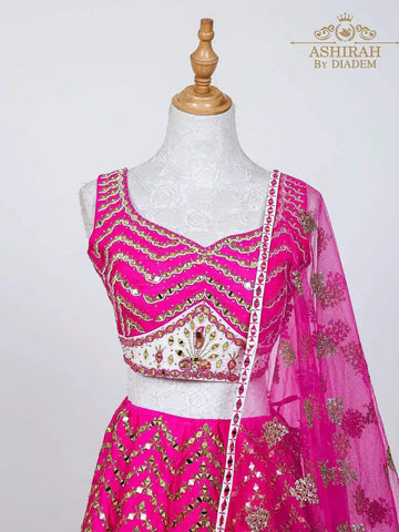 Dark Pink Raw Silk Lehenga Embroidered with Threads and Mirror work with Dupatta - Diadem