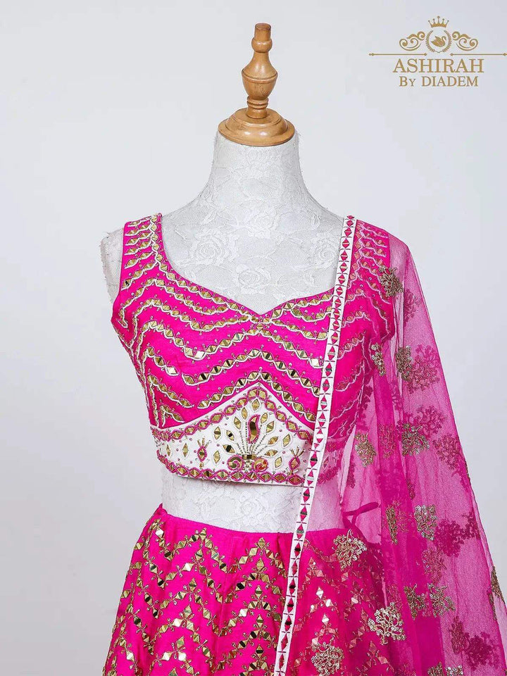 Dark Pink Raw Silk Lehenga Embroidered with Threads and Mirror work with Dupatta - Diadem