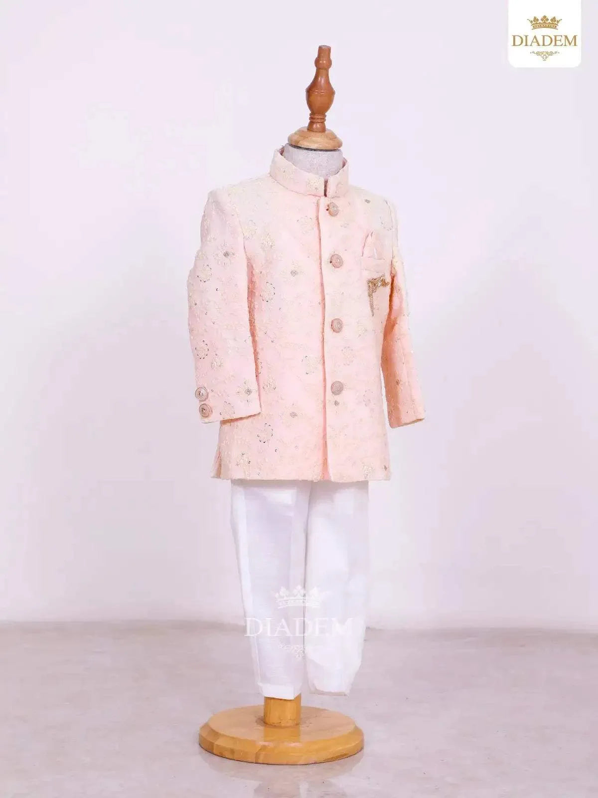 Baby Pink Jodhpuri Pattern Sherwani Embossed in Design Diadem