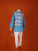 Blue Cotton Kurta with White Pants and Matching Overcoat - Diadem