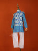 Blue Cotton Kurta with White Pants and Matching Overcoat - Diadem