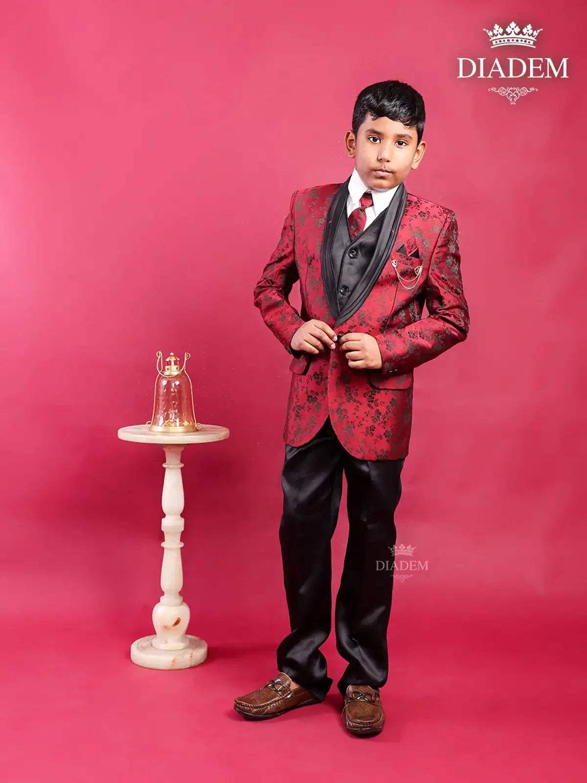 Maroon Coat Suit with Tie and Brooch Diadem